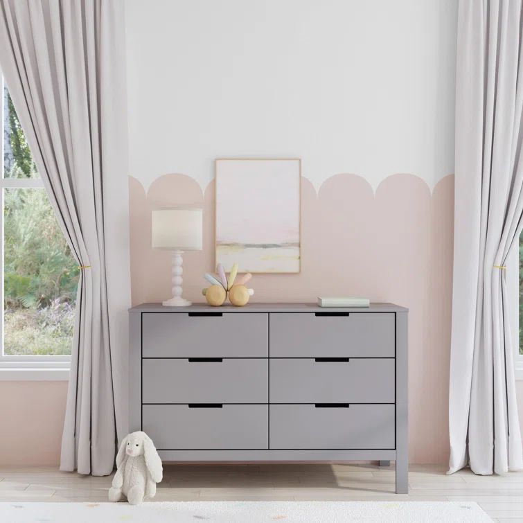Gray Pine Wood Double Nursery Dresser with Soft Close Drawers