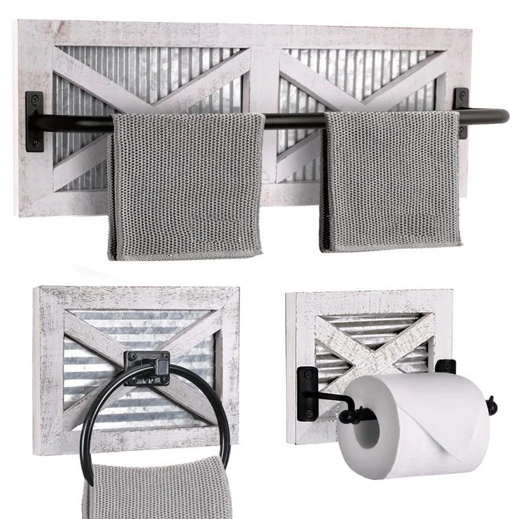 Whitewashed Wood and Metal Farmhouse Bathroom Accessory Set