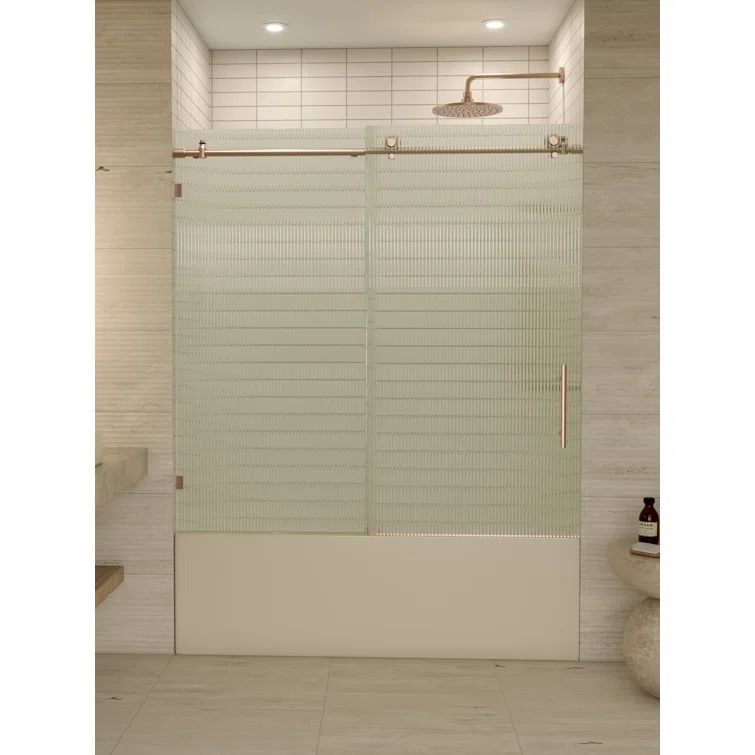 Galaxy 60" Frameless Fluted Glass Sliding Bathtub Door in Brushed Bronze