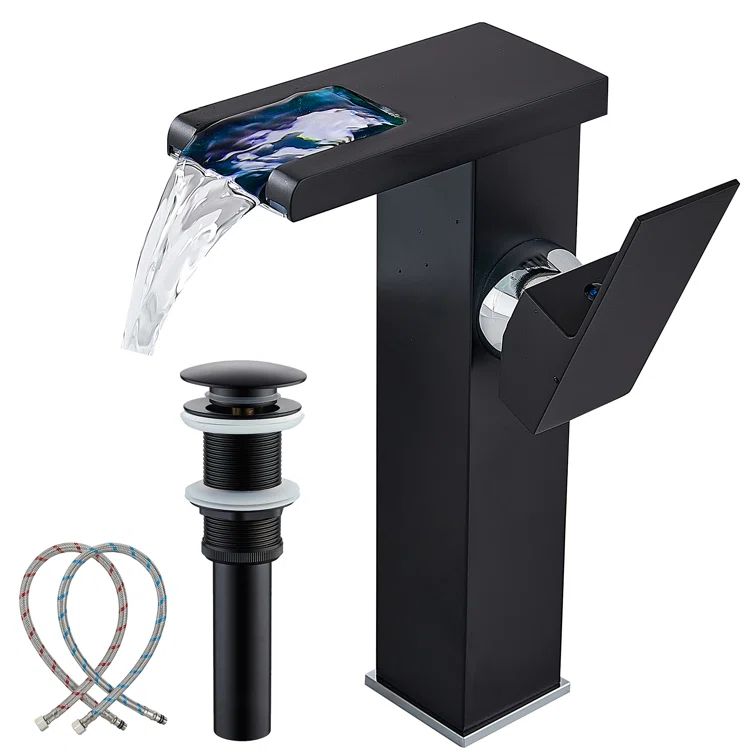 Black LED Waterfall Spout Single-Handle Bathroom Faucet with Drain Assembly