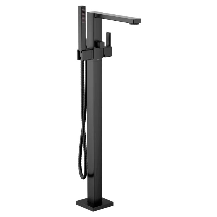 Matte Black Modern Floor Mounted Tub Filler with Handshower
