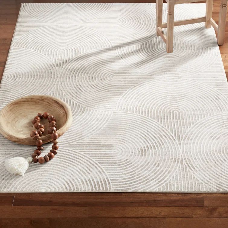 Ivory and Greige Polyester Rectangular Area Rug with High-Low Texture
