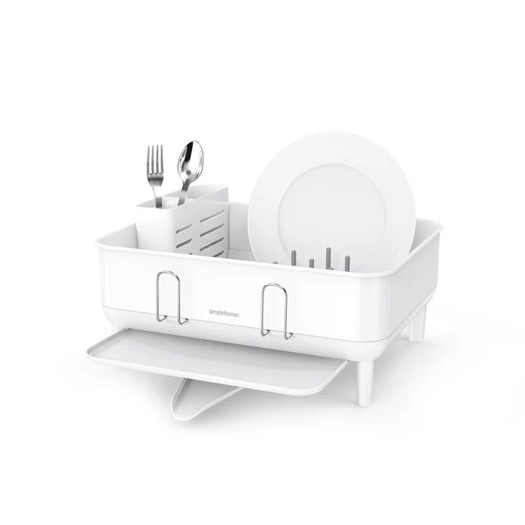 Compact White Steel Dish Drying Rack with Swivel Spout