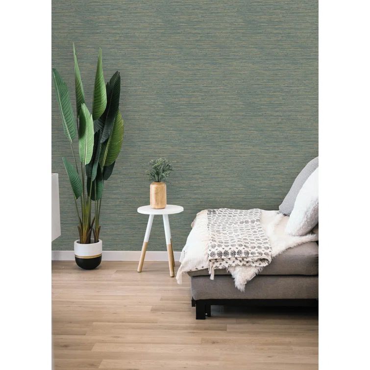 Teal and Gold Embossed Grasscloth Peel and Stick Wallpaper Roll