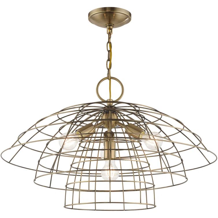 Antique Brass Cage 4-Light Chandelier with Handcrafted Steel Wire Shade