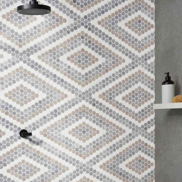 Hyperion Beige and Gray Marble Hexagon Mosaic Tile Sheet