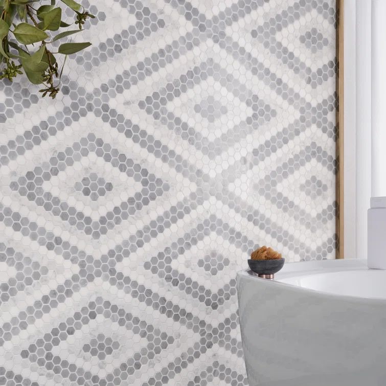 Gray and White Marble Hexagon Mosaic Tile Sheet