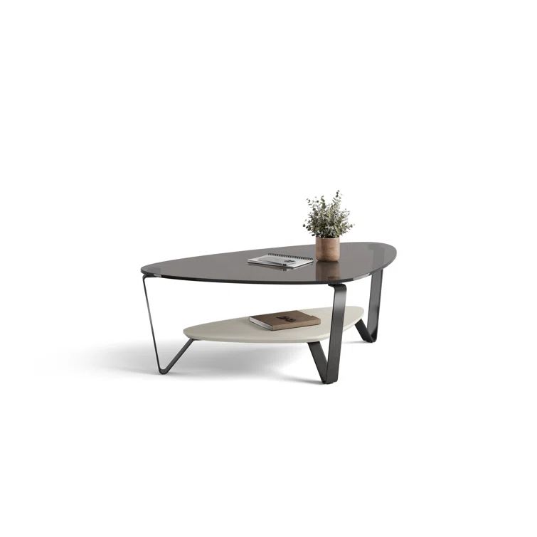 Triangular Grey Tempered Glass Coffee Table with Storage Shelf