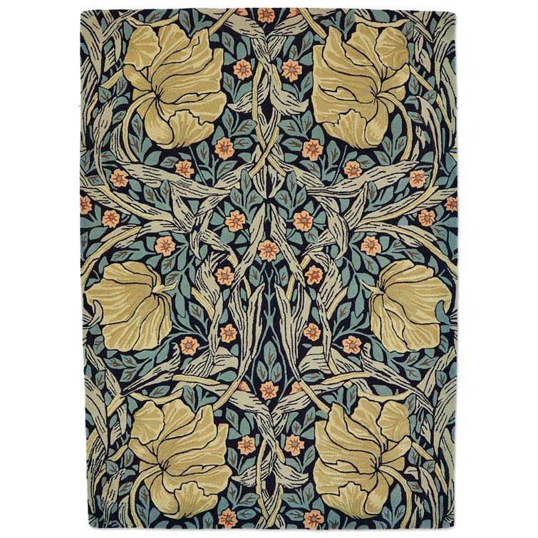 Handmade Blue Floral Wool and Viscose Rectangular Rug