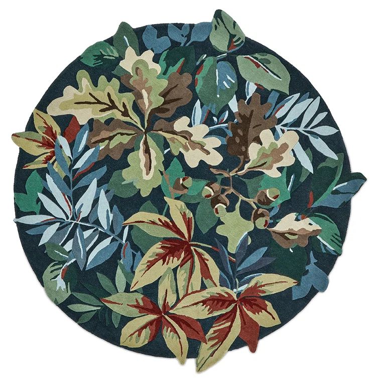 Handmade Round Blue Floral Wool Area Rug Ø 6'6"