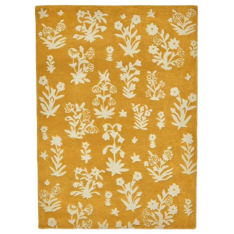 Handmade Gold Floral Wool Rectangular Area Rug 4'6" x 6'6"