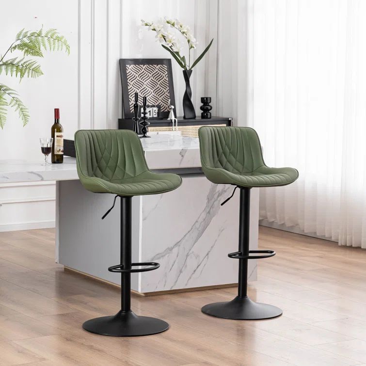 Bean Green Adjustable Swivel Faux Leather Bar Stools with Iron Base