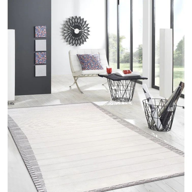 Ivory Stripe Synthetic 4' x 6' Stain-Resistant Area Rug