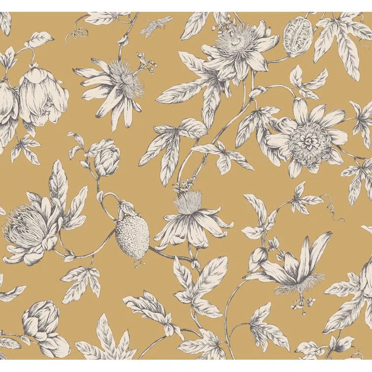 Golden Harvest Passion Flower Toile Floral Wallpaper