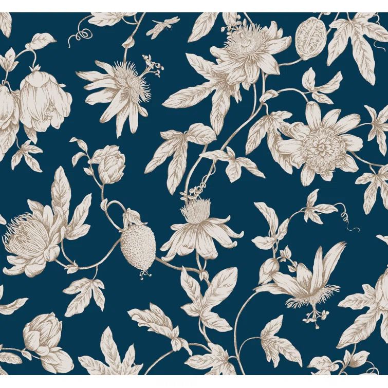 Navy Passion Flower Toile Non-pasted Wallpaper