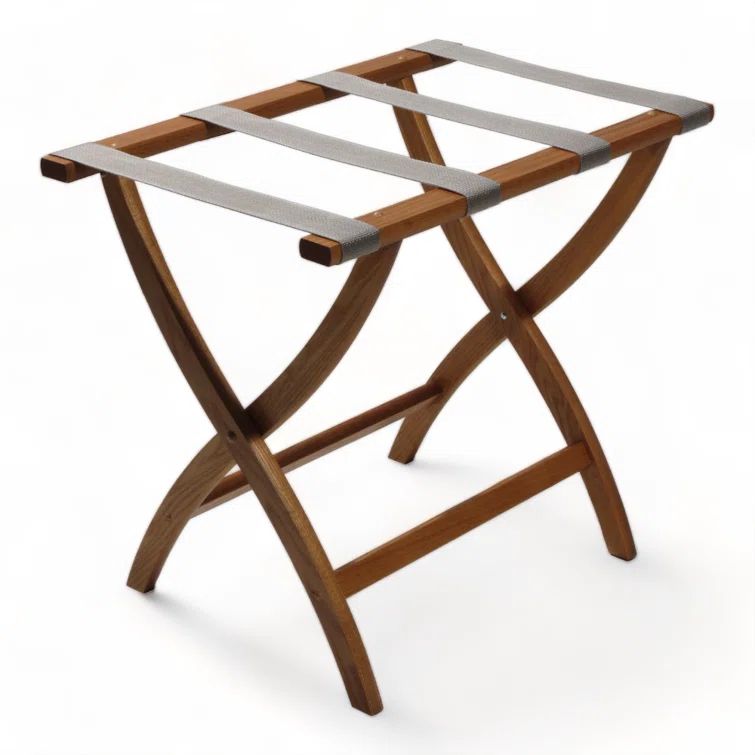 Medium Oak Folding Luggage Rack with Gray Straps