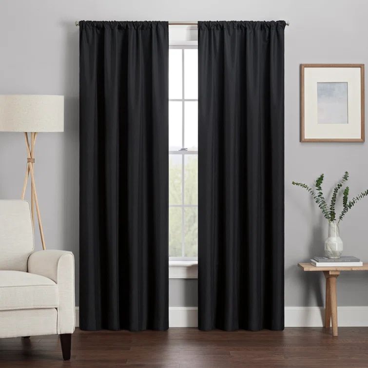 Kendall Black Polyester Linen Blackout Rod Pocket Curtains