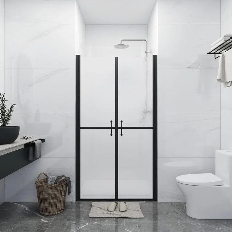 37.8'' W x 74.8'' H Frosted Glass Shower Door with Black Aluminum Frame