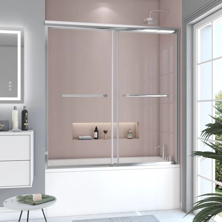 60 in. W x 62 in. H Framed Sliding Bath Tub Door with Tempered Clear Glass and Silver Aluminum Frame
