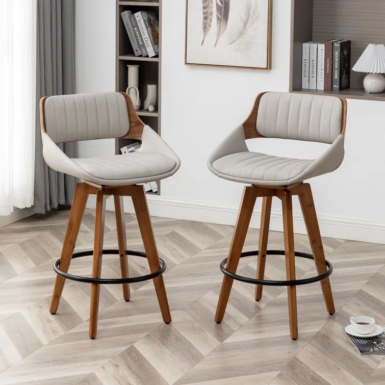 Gray Faux Leather Swivel Counter Stools with Solid Wood Frame