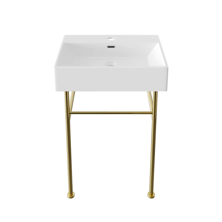 White Ceramic Rectangular Console Sink with Gold Legs