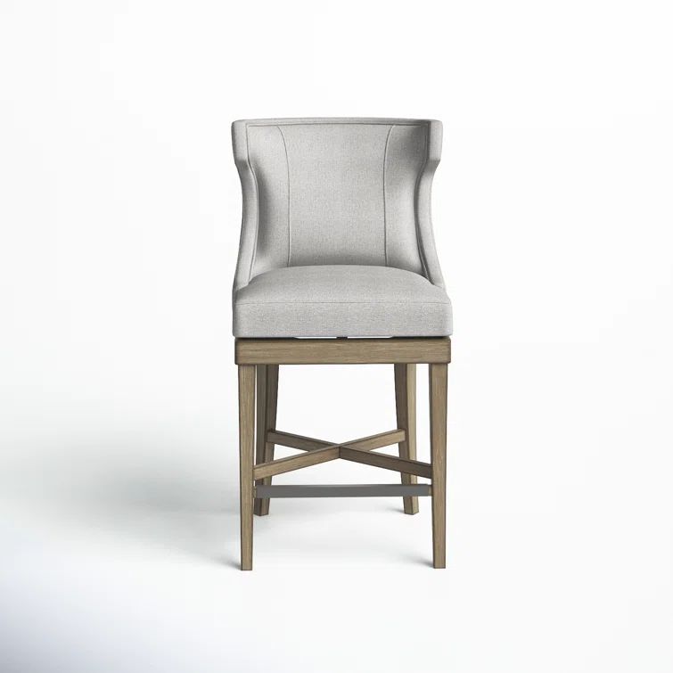 Elegant Light Grey Wingback Swivel Counter Stool with Bronze Accents