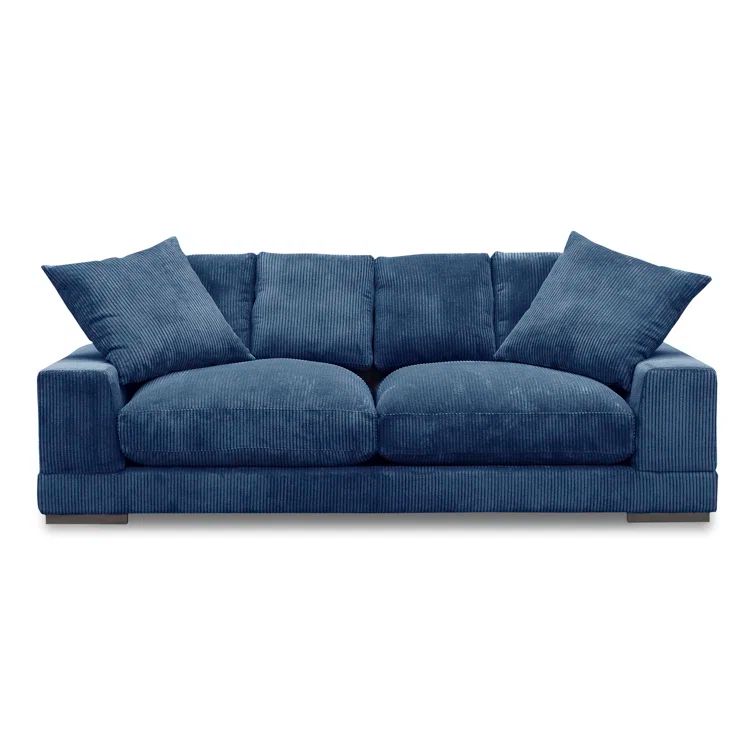 Blue Corduroy Polyester Sofa with Square Arms and Ottoman