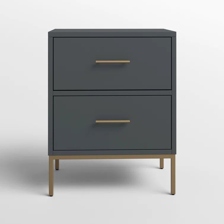 Slate Gray Mahogany 2-Drawer Nightstand with Gold Handles