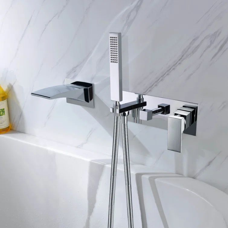 Sleek Chrome Wall-Mount Waterfall Tub Faucet with Hand Shower