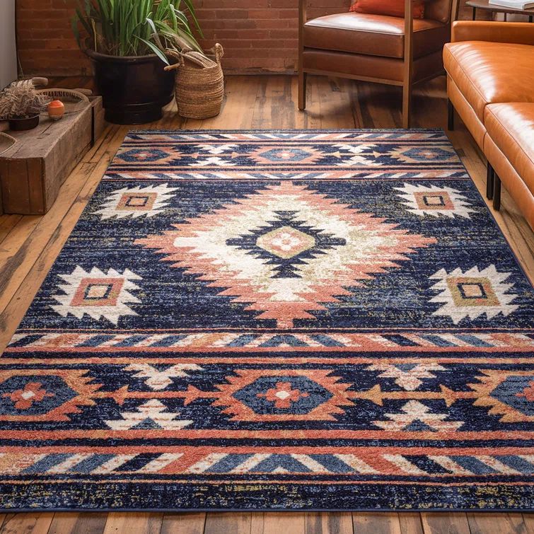 Blue and Beige Southwestern Synthetic Area Rug 6'7" x 9'3"