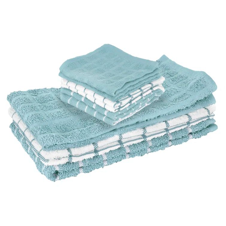 Dew Blue Cotton Terry Check Kitchen Towel Set