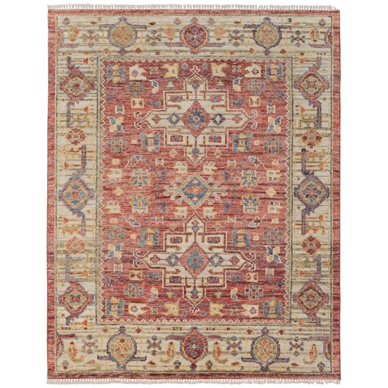 Red and Ivory Hand-Knotted Wool 9' x 12' Area Rug