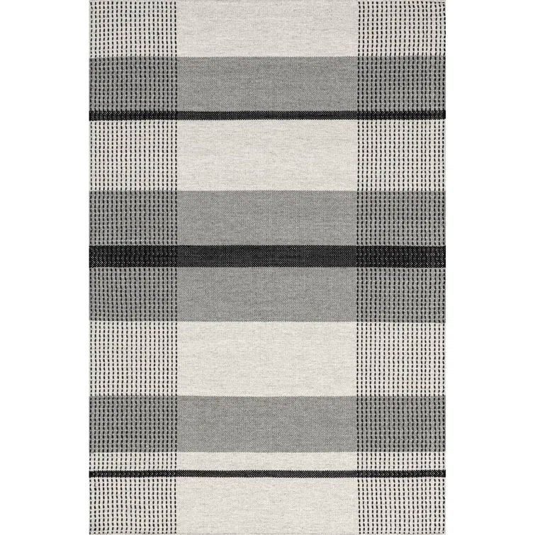Gray and Black Wool Rectangular Plaid Area Rug, 8' x 10'