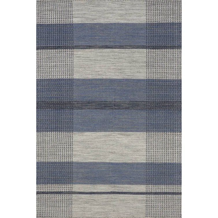 Blue and Gray Handmade Wool Plaid Area Rug 5' x 8'