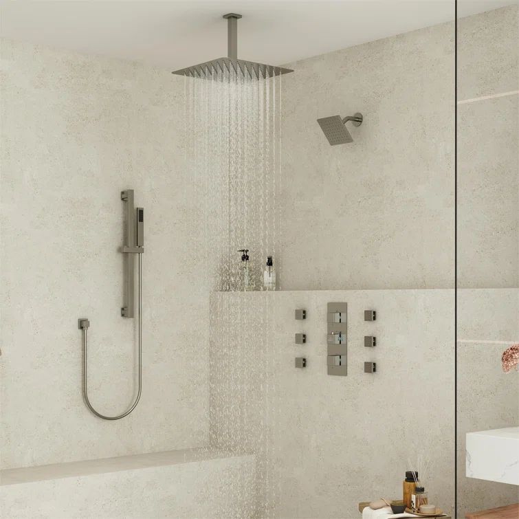 Brushed Nickel Large Square Rainfall Dual Shower Head System