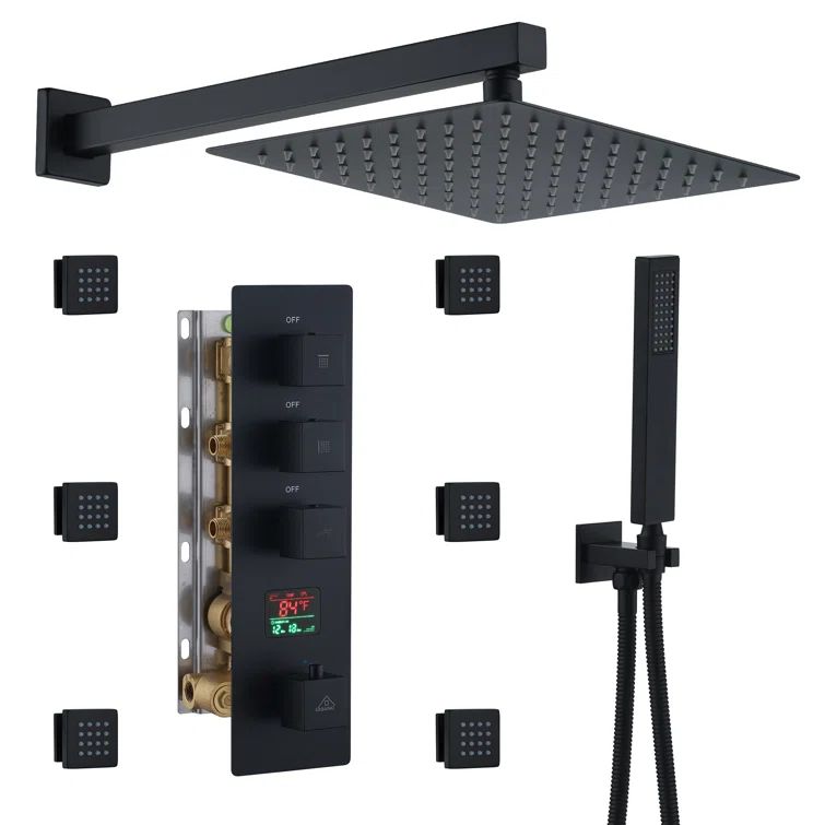 Matte Black Multi-Function Thermostatic Shower System with Digital Display