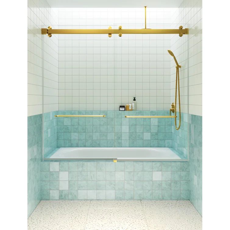 Polaris Frameless Satin Brass Sliding Bathtub Door 60 x 66 in.