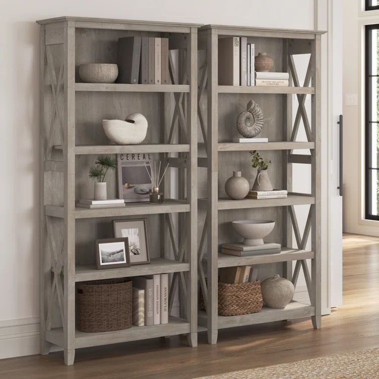 Washed Gray Adjustable 5-Shelf Bookcase Set with X Pattern Accents