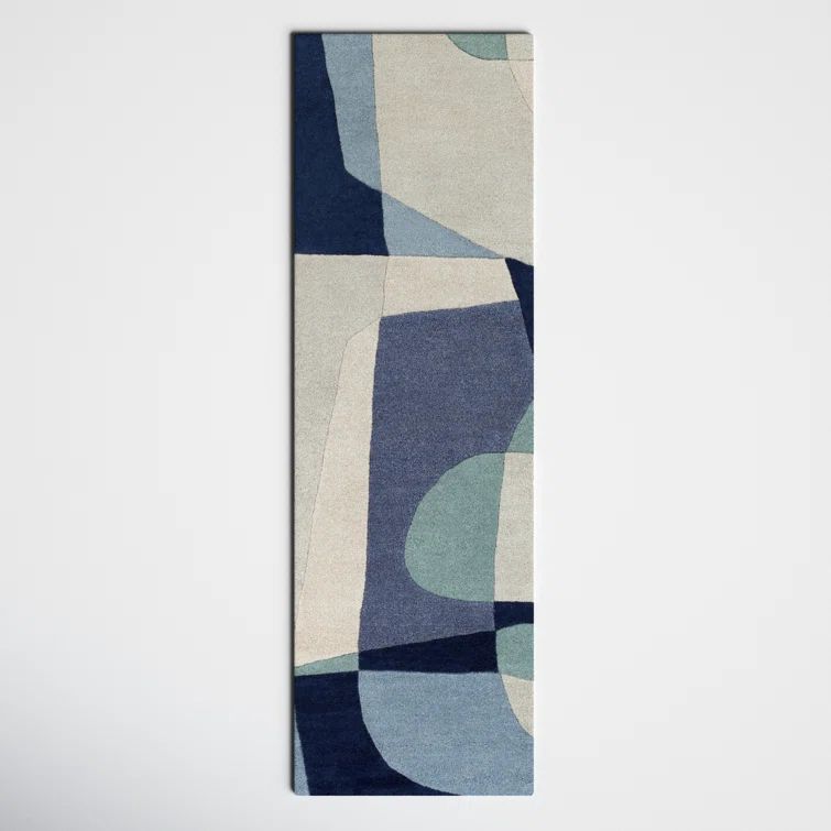 Teal and Navy Abstract Handmade Wool Rug, 5' x 8'