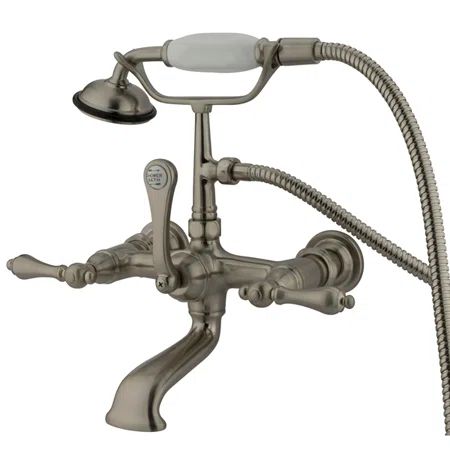 Satin Nickel Triple Handle Wall Mounted Clawfoot Tub Faucet with Handshower