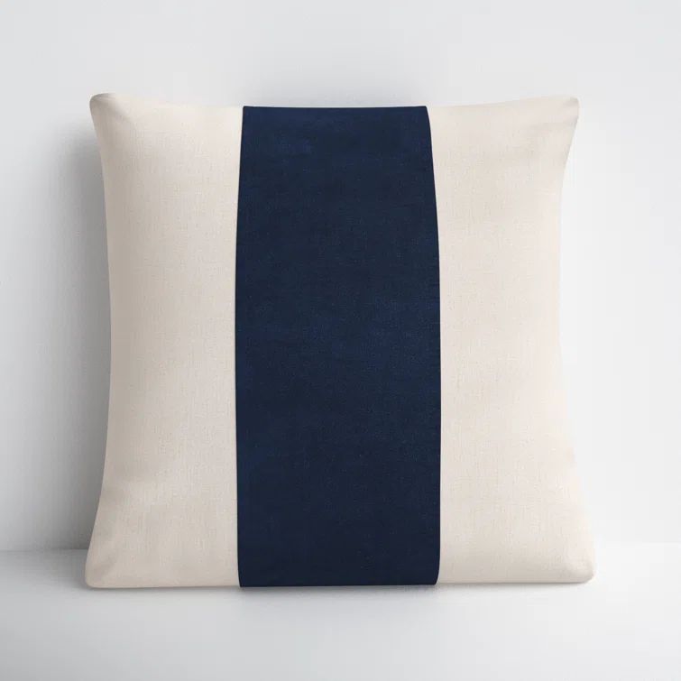 Navy and Ivory Striped Cotton Blend Square Throw Pillow