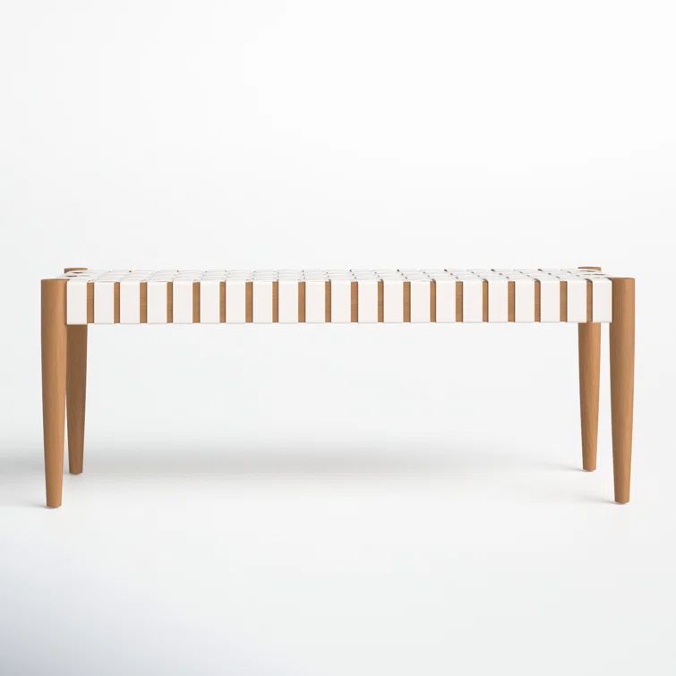 Amalia 47'' Transitional White Leather & Oak Weave Bench