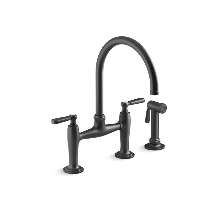 Edalyn Matte Black Double Handle Bridge Kitchen Faucet with Side Sprayer