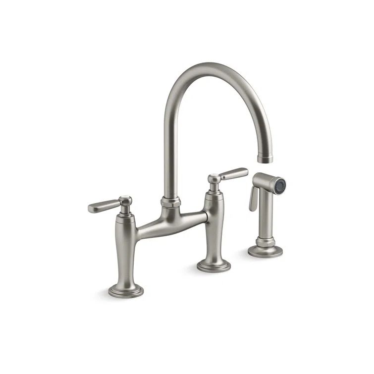 Vibrant Stainless Steel Two-Hole Bridge Kitchen Faucet with Side Sprayer