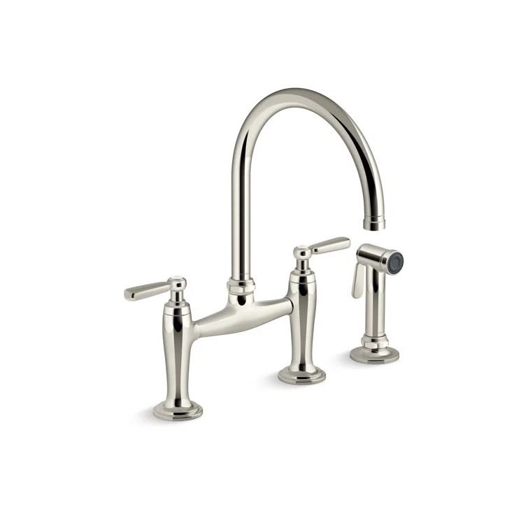 Vibrant Polished Nickel Two-Hole Bridge Kitchen Faucet with Side Sprayer