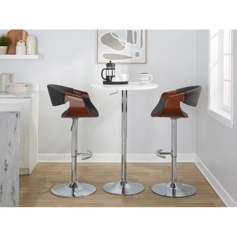 Adjustable Dark Gray Swivel Barstool with Walnut and Chrome