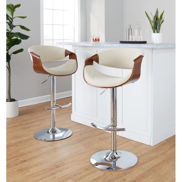 Beige Adjustable Swivel Barstool with Walnut Armrests and Chrome Footrest