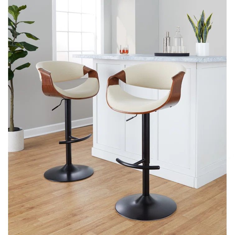 Cream and Black Adjustable Swivel Bar Stools with Wood Accents