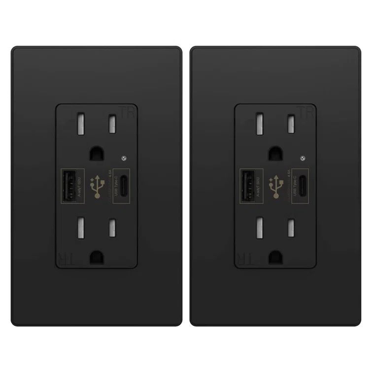 Black 15A Tamper Resistant Duplex Outlet with USB-C Ports