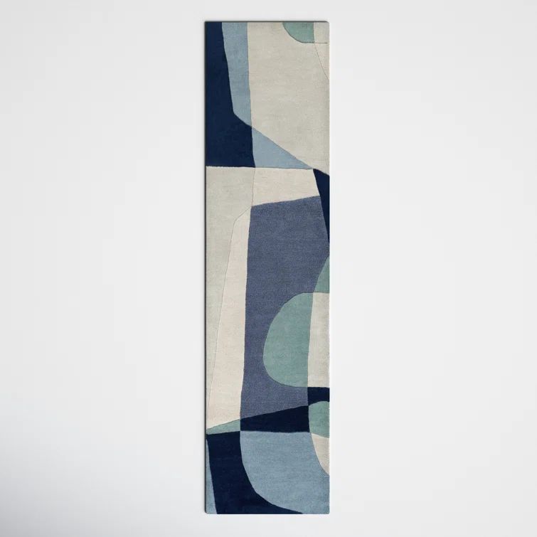 Hand-Tufted Wool Runner Rug in Teal, Navy, and Beige
